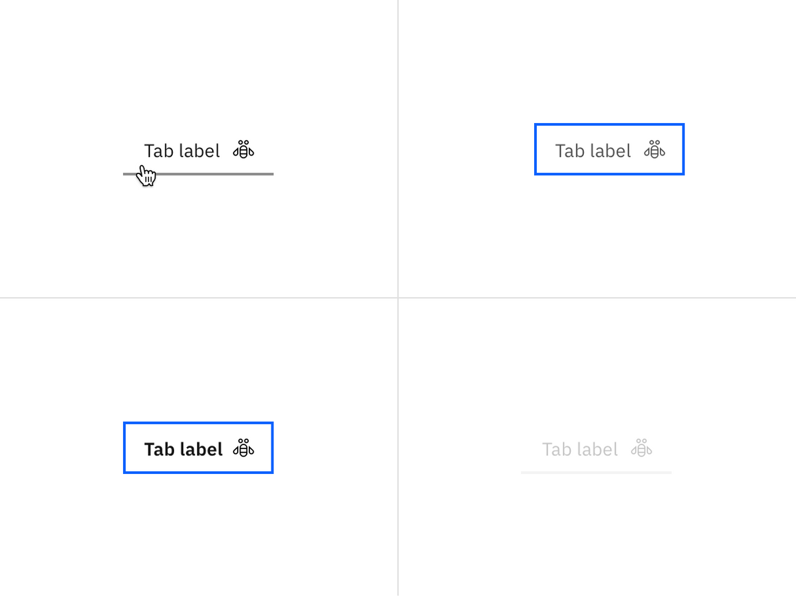 Examples of hover, focus-enabled, focus-selected, and disabled states.